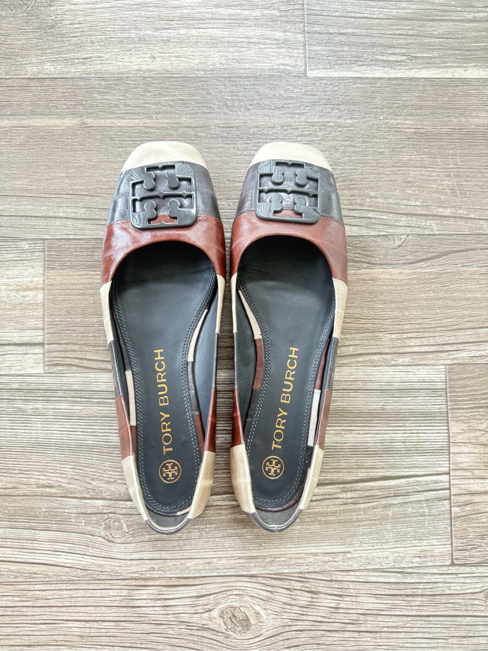 Tory Burch Colorblock Leather Ballet Flats in Brown, Black & Cream